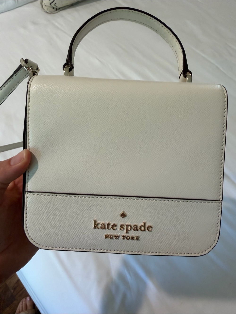 kate spade White Leather Top-Handle Satchel with Gold Logo
